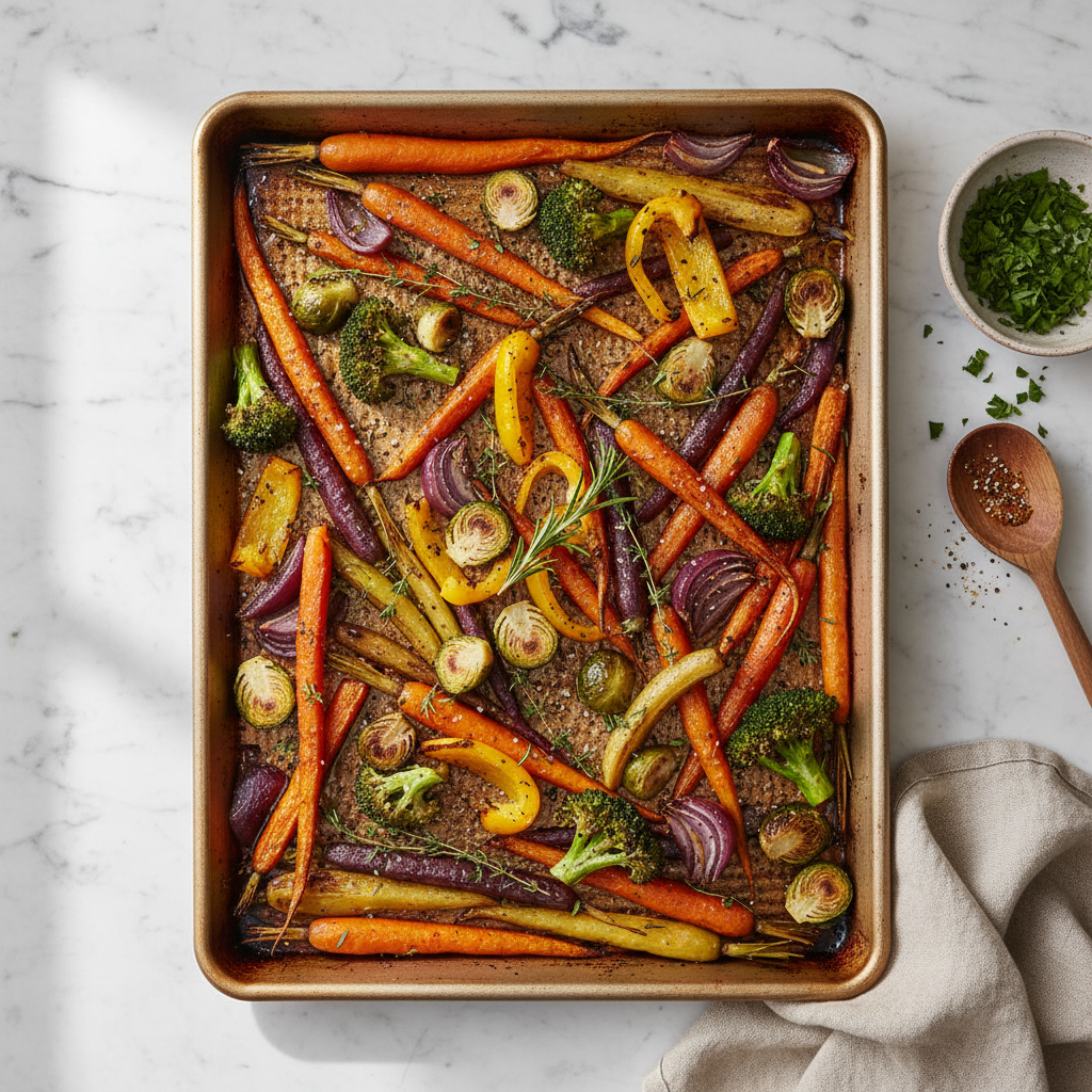 Non-Stick Baking Sheet with roasted vegetables
