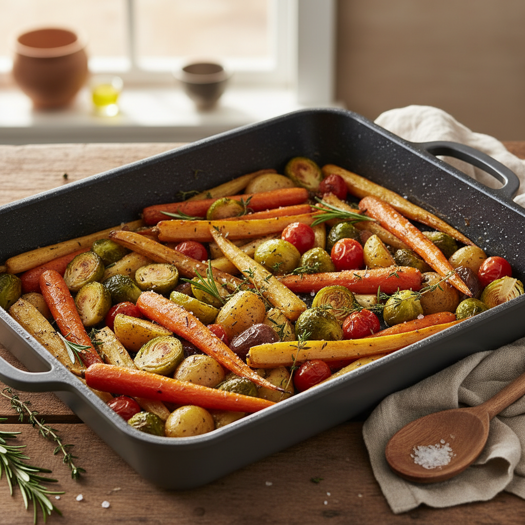 Non-Stick Roasting Pan with roasted vegetables