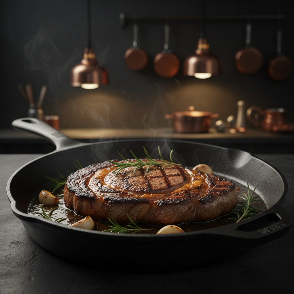 Cast Iron skillet with seared steak