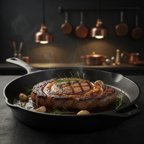 Cast Iron skillet with seared steak