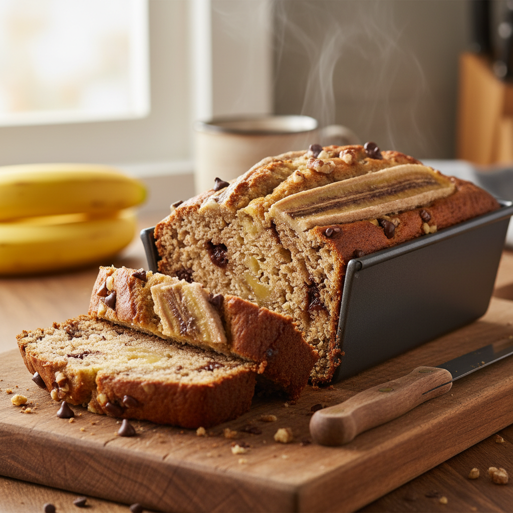 Non-Stick Loaf Pan with sliced banana bread