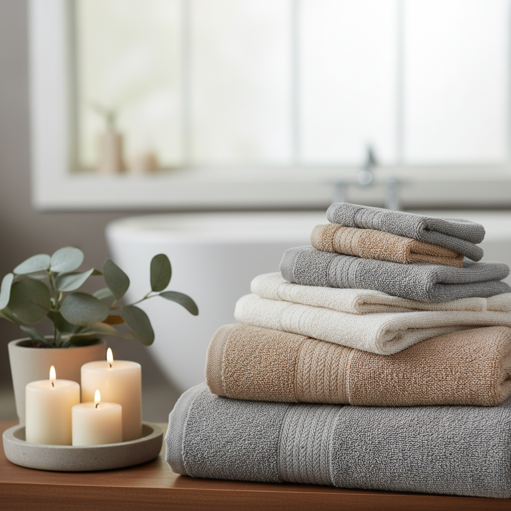 Premium Bath Towel Set folded on bathroom shelf